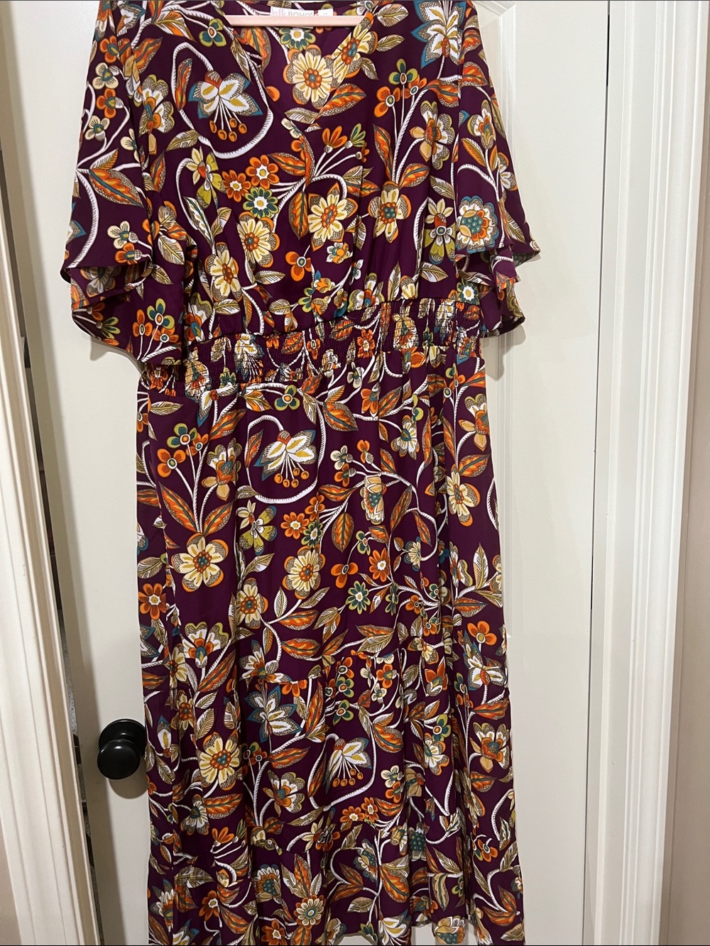 Boho Floral Purple V-Neck Maxi Dress with Elastic Waist